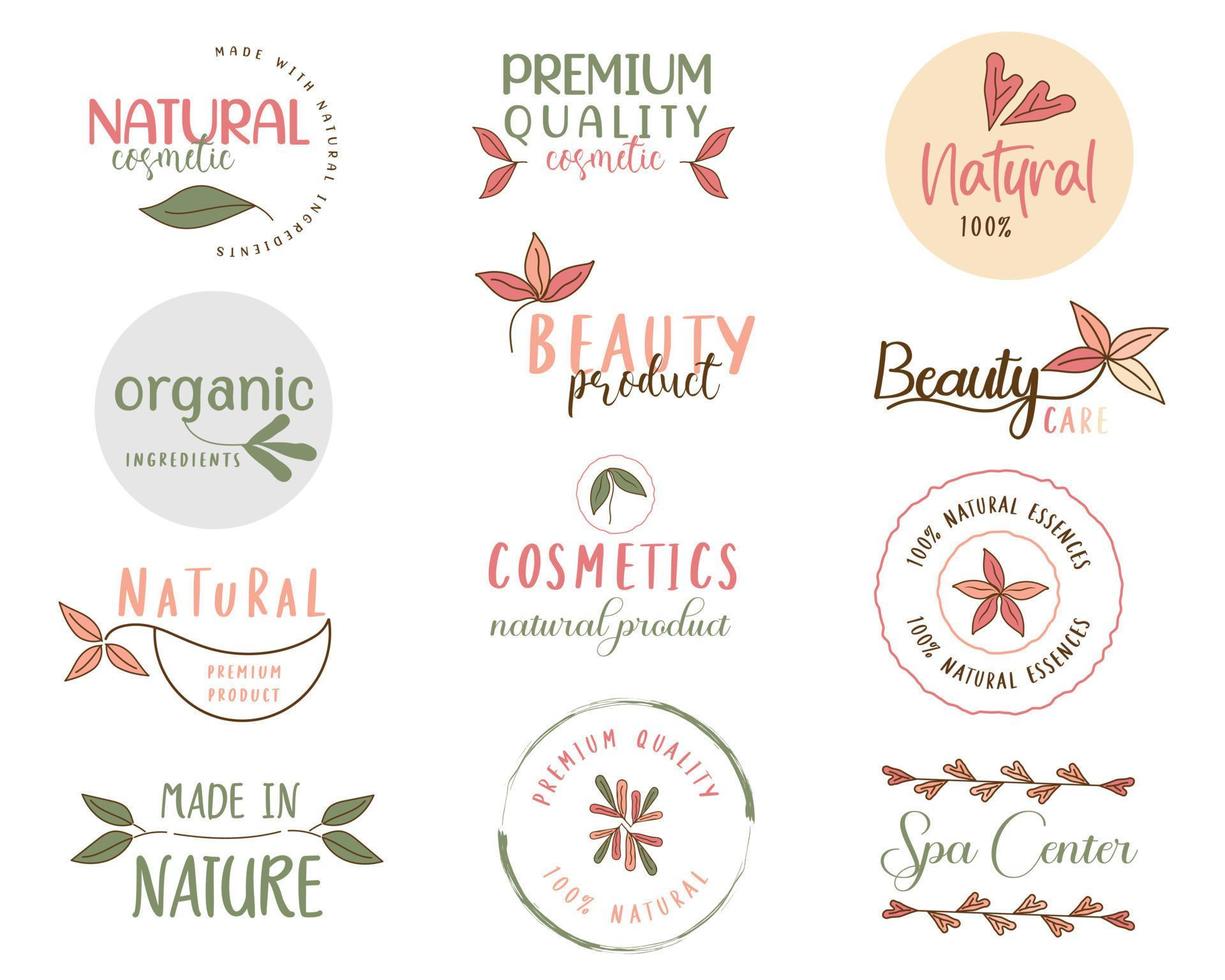 Set of natural cosmetics, organic, flower, healthcare, beauty, Wellbeing labels and stickers. Vector illustration for promotional material, web design, packaging design and more.