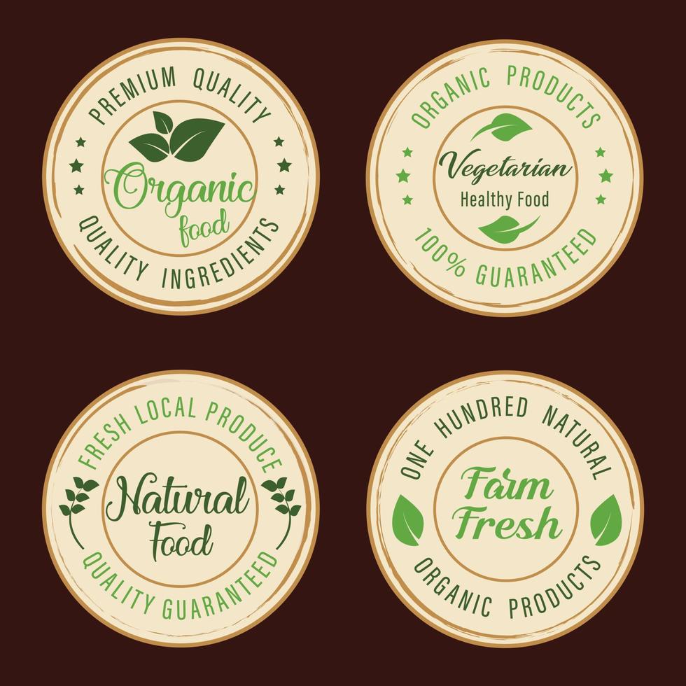 alimentos naturales y orgánicos, pegatinas de productos frescos y orgánicos de granja, insignias, logotipo e ícono para el comercio electrónico, promoción de productos naturales y orgánicos. vector