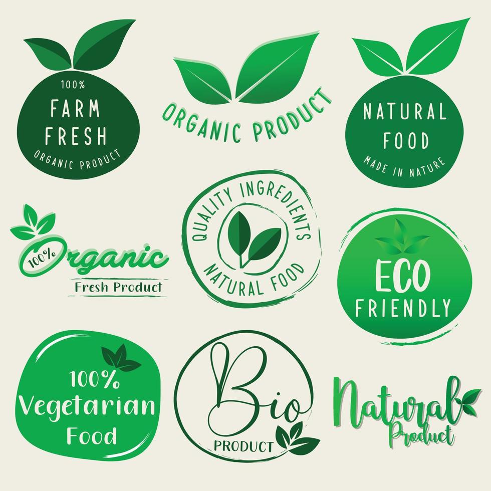 alimentos naturales y orgánicos, pegatinas de productos frescos y orgánicos de granja, insignias, logotipo e ícono para el comercio electrónico, promoción de productos naturales y orgánicos. vector