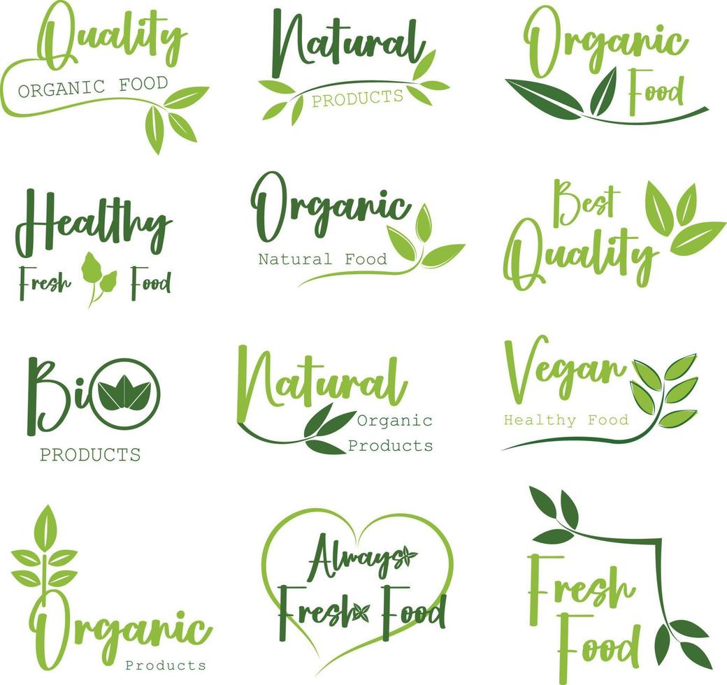 Organic food, natural product sign and stickers for food market. vector