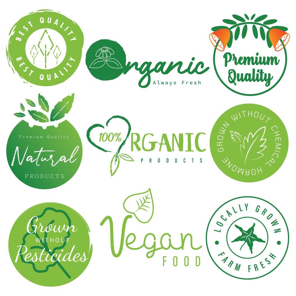 alimentos naturales y orgánicos, pegatinas de productos frescos y orgánicos de granja, insignias, logotipo e ícono para el comercio electrónico, promoción de productos naturales y orgánicos. vector