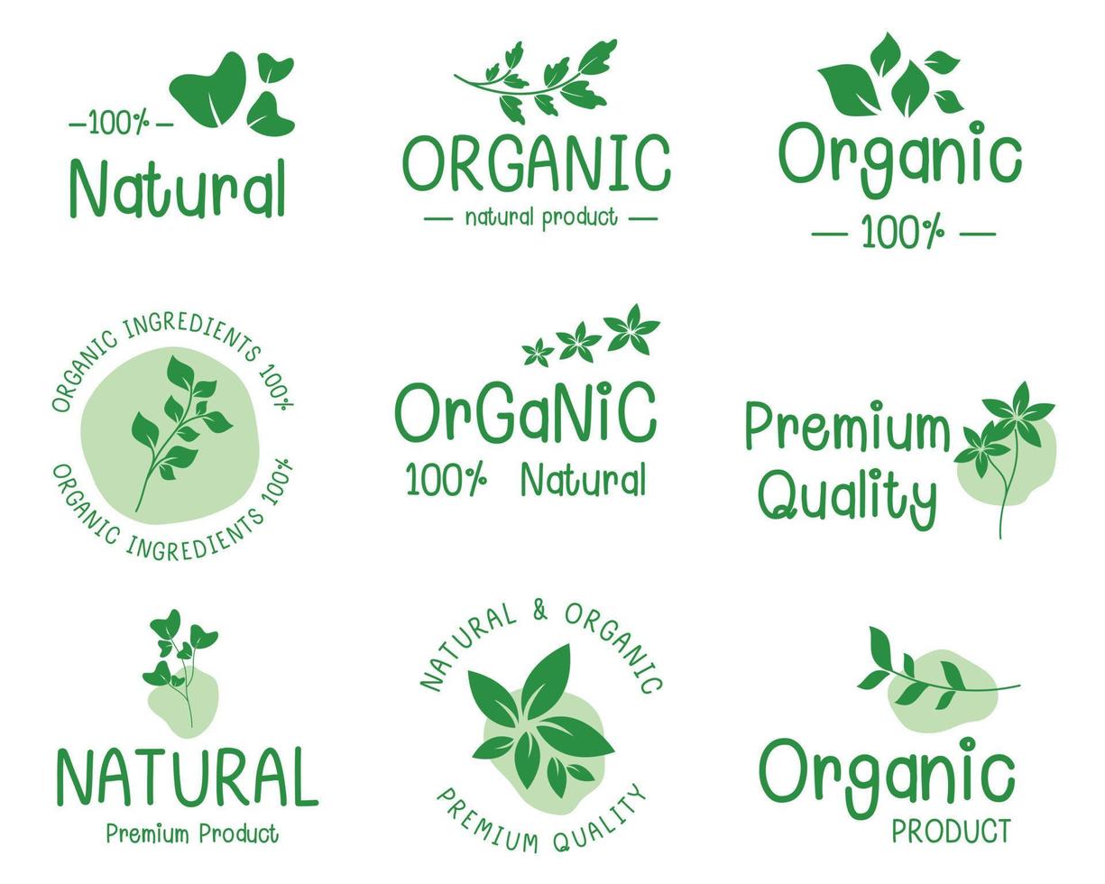 Organic food, natural food, healthy food and organic or natural product logos, icon, badges and stickers collection for food and drink market, ecommerce, organic products, natural products promotion. vector