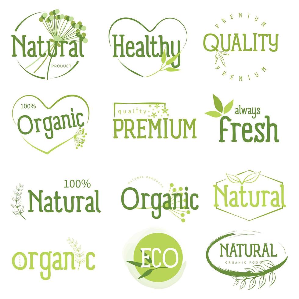 Set of organic food, farm fresh and natural or organic product stickers and badges collection for food marketing. vector