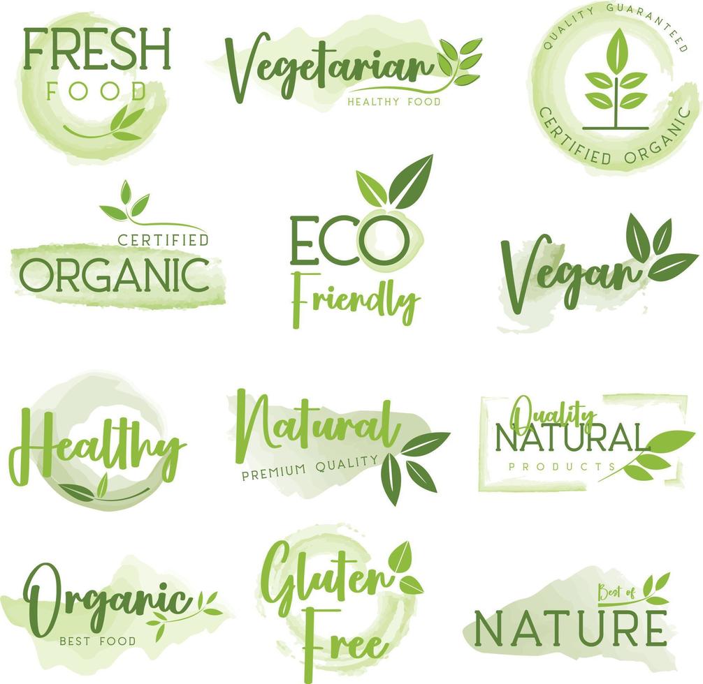 Set of organic food, farm fresh and natural or organic product stickers and badges collection for food marketing. vector