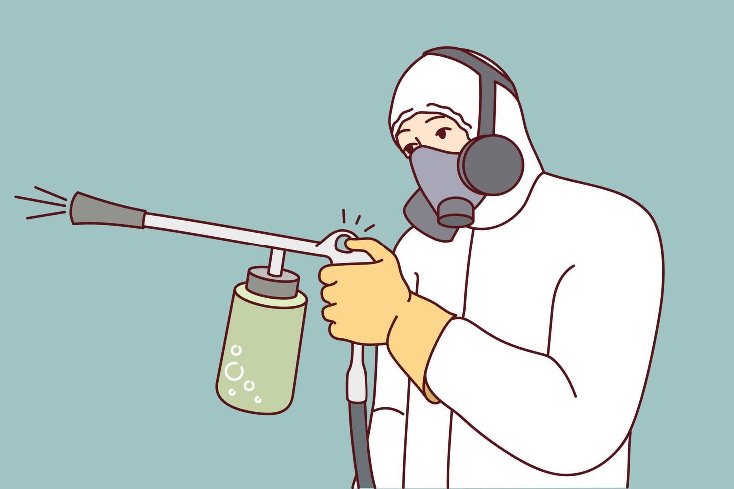 Man in protective uniform spraying pesticide to kill insects and rodents. Male exterminator or pest control worker in suit doing disinfection. Vector illustration.