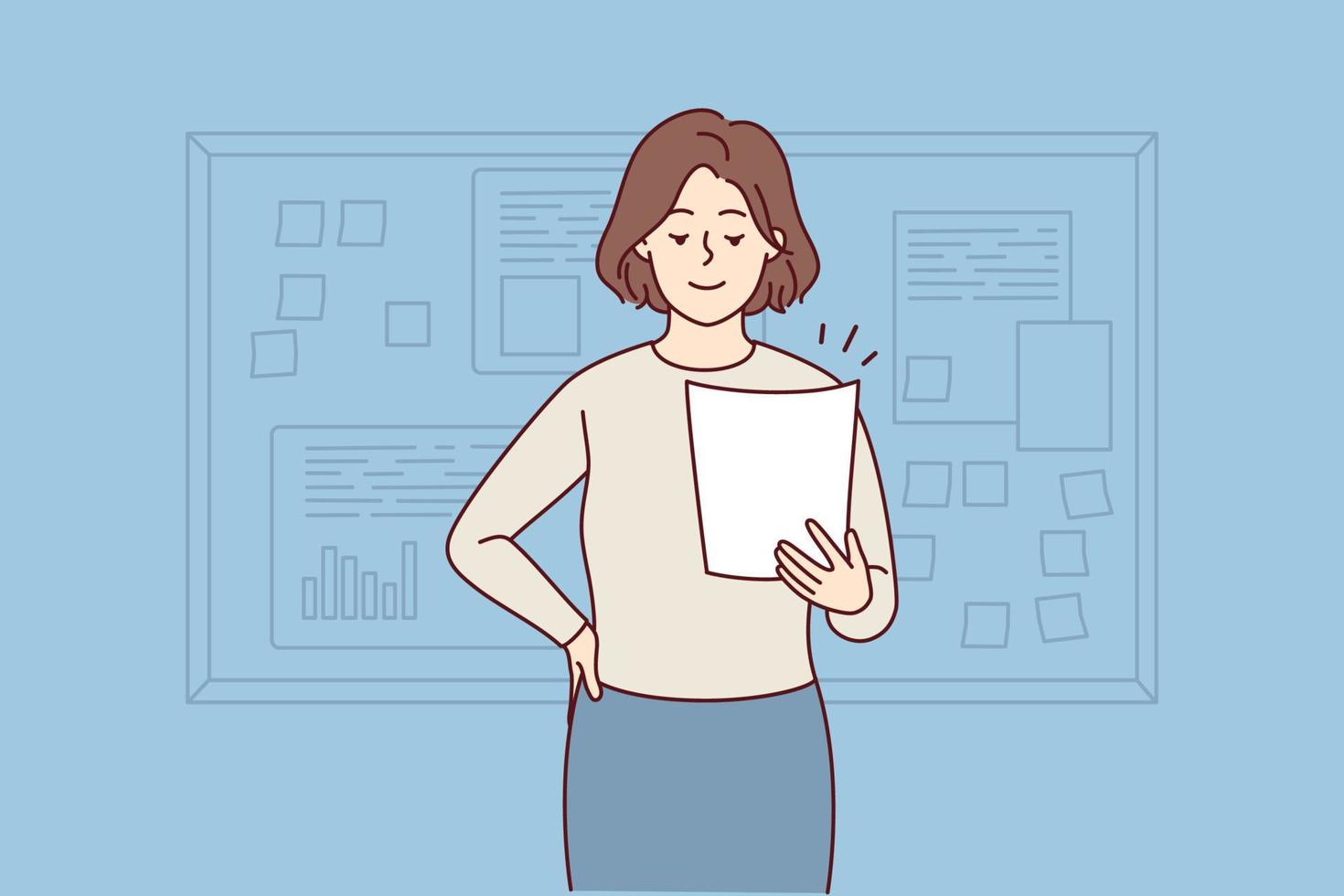 Smiling businesswoman holding paper work stand near board making presentation. Happy female boss present business project in office. Vector illustration.