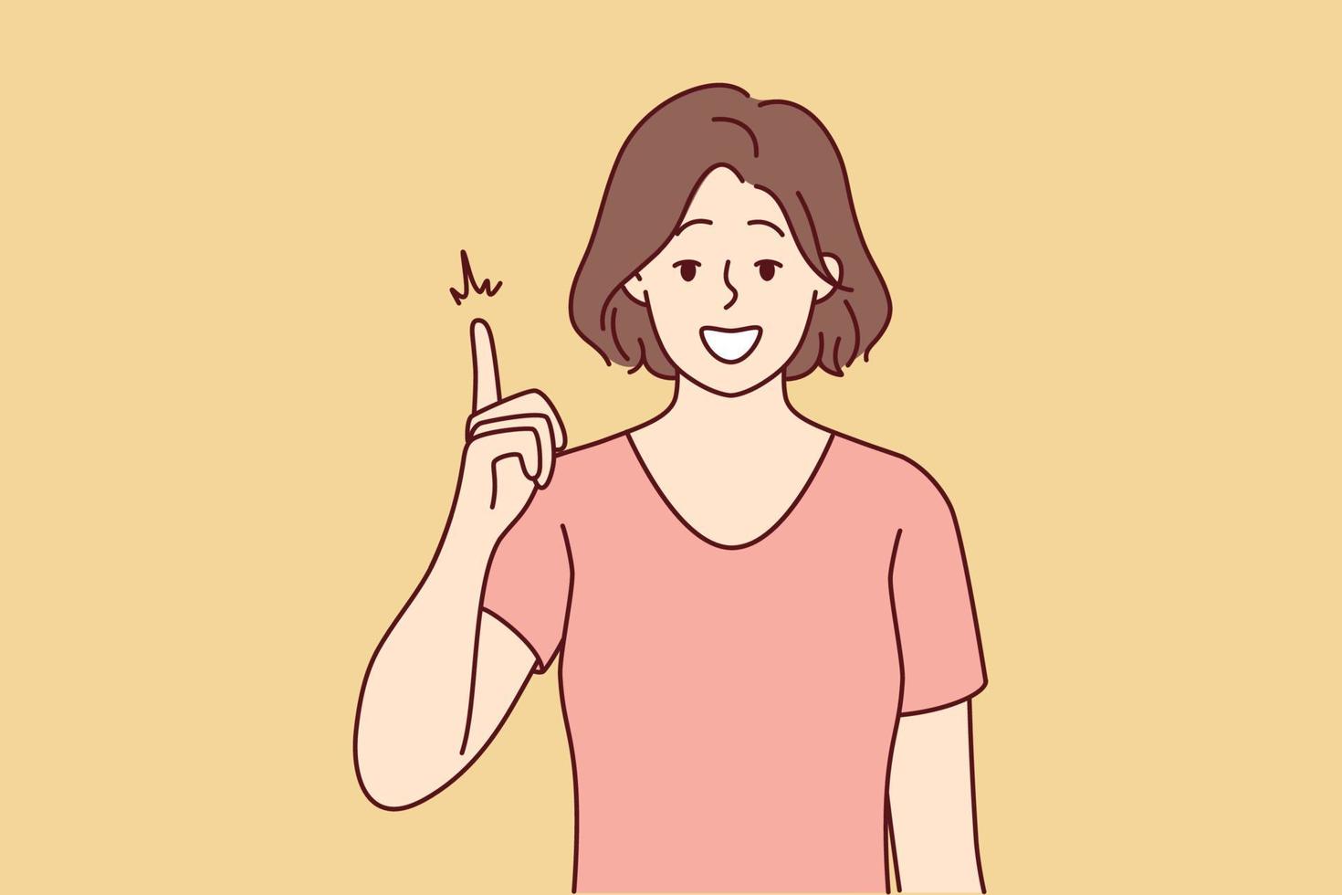 Smiling young woman point up with finger generate good business idea or thought. Happy female show good deal or offer. Vector illustration.