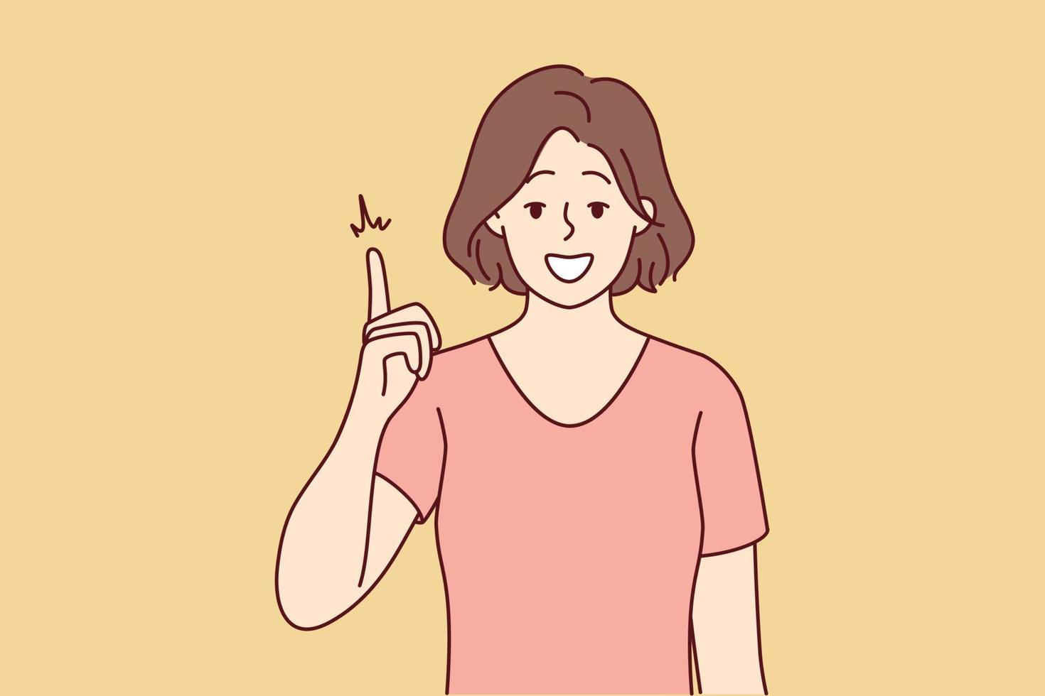 una joven sonriente apunta hacia arriba con el dedo genera una buena idea o pensamiento de negocios. mujer feliz muestra un buen trato u oferta. ilustración vectorial vector