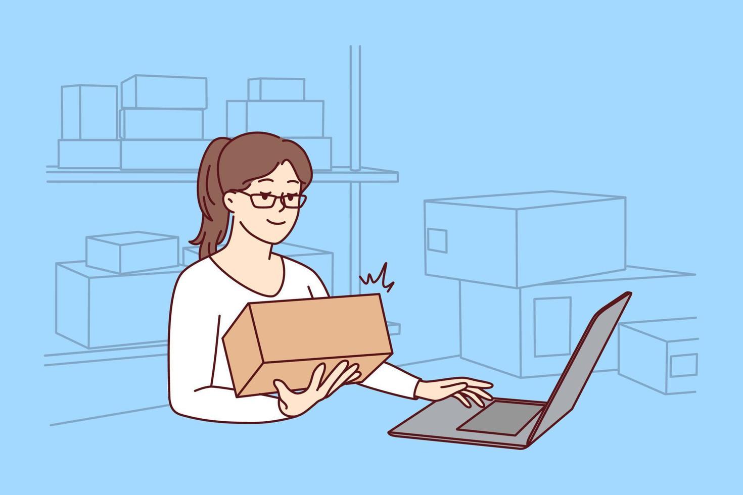 Smiling woman working on computer on warehouse forming orders. Happy female employee busy with packages on storage depot. Vector illustration.