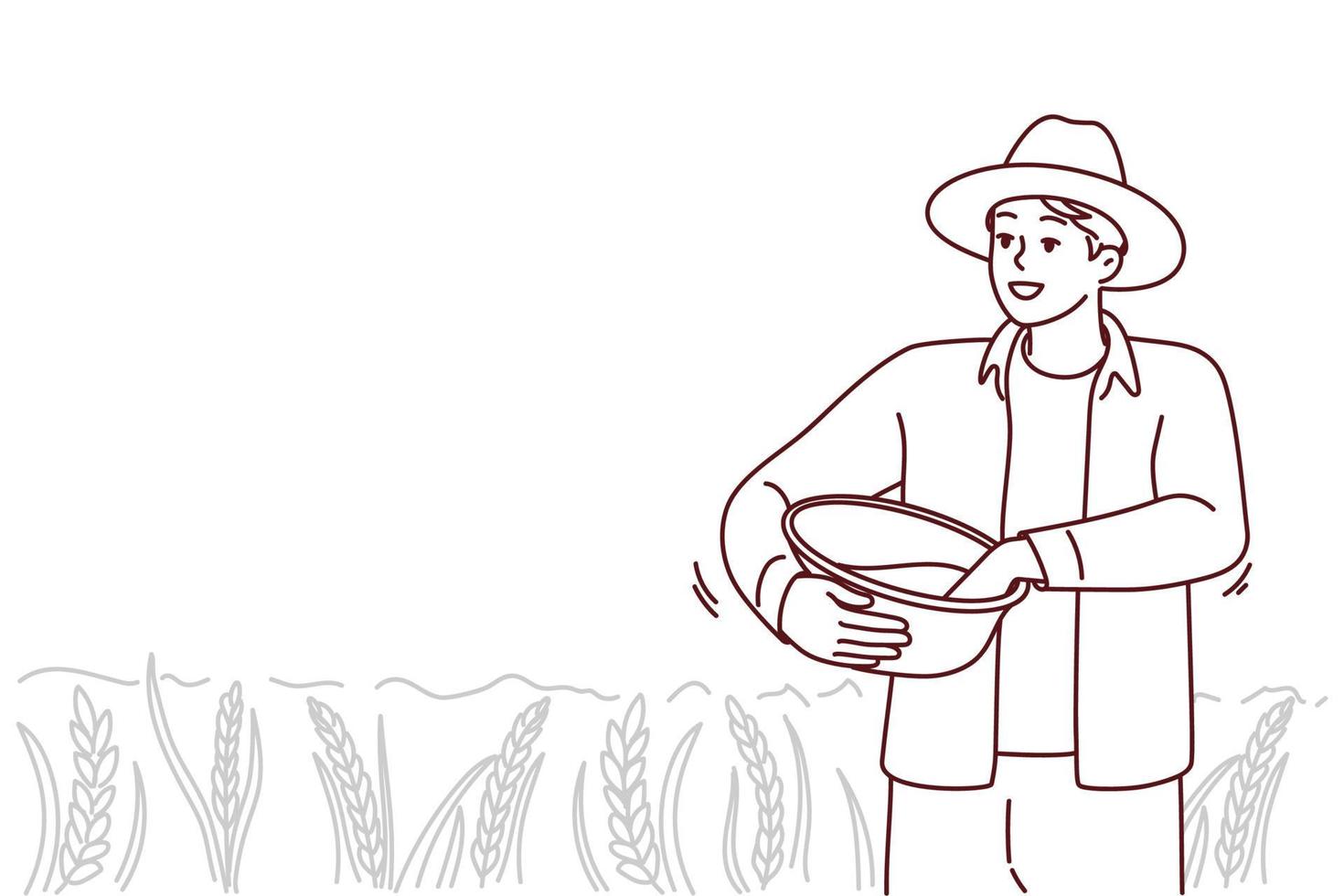 agricultor trabajando en el campo en la temporada de cosecha. hombre sonriente ocupado con la agricultura en pastos o tierras de cultivo. ilustración vectorial vector