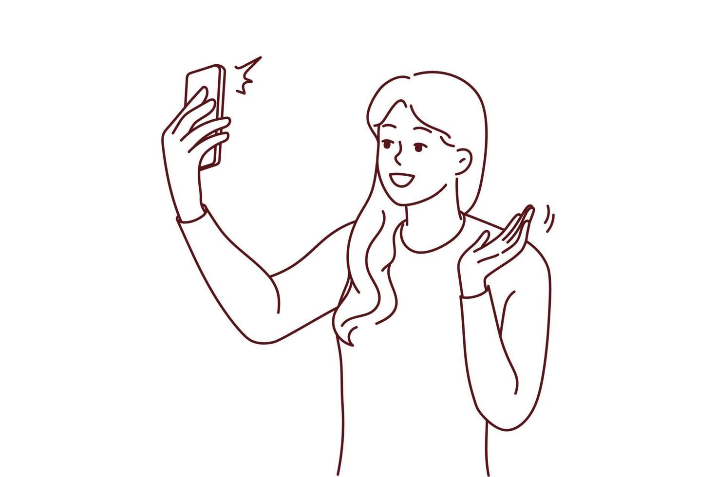 Smiling woman wave talk on webcam call on cellphone. Happy female have online video chat on smartphone. Technology concept. Vector illustration.