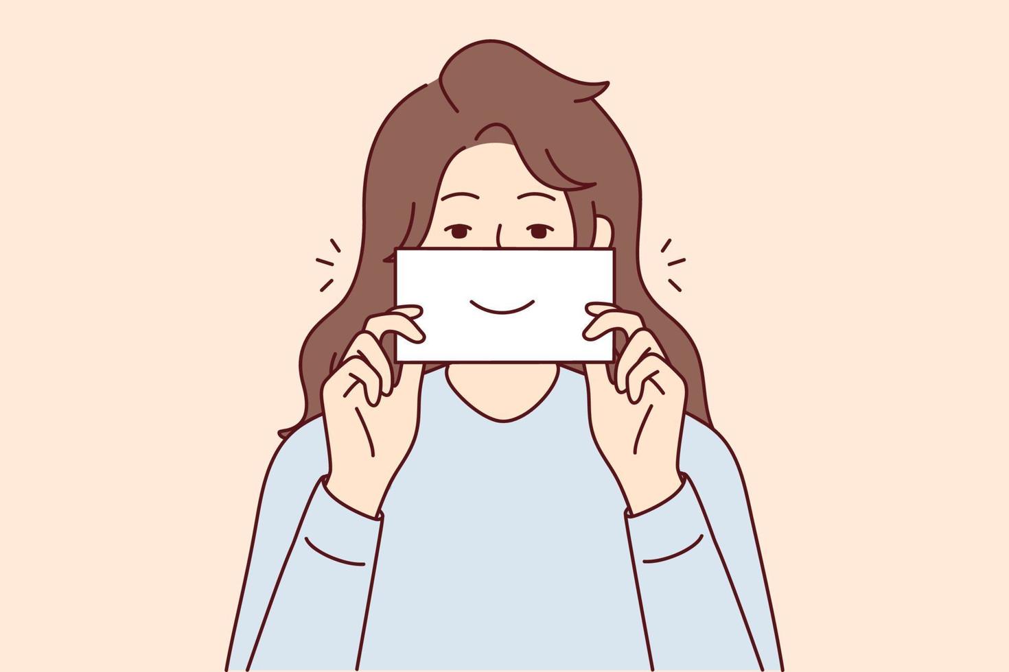 Smiling young woman holding paper with smile. Happy girl with note show smirk. Good mood and laughter. Vector illustration.