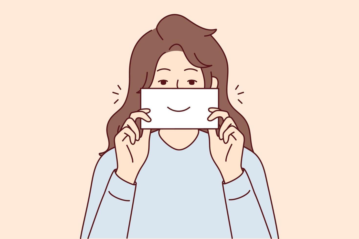 mujer joven sonriente sosteniendo papel con una sonrisa. chica feliz con nota mostrar sonrisa. buen humor y risas. ilustración vectorial vector