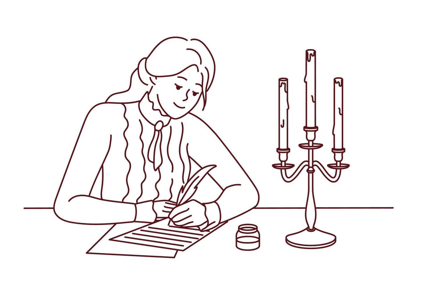 Young woman in retro clothes sit at desk write with feather and candles burning. Happy lady handwrite on paper during old times. Vintage style. Vector illustration.