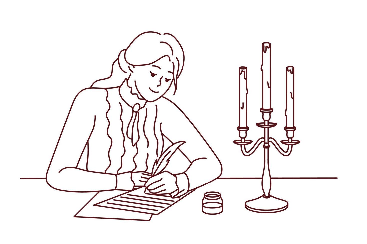 una joven con ropa retro se sienta en el escritorio y escribe con plumas y velas encendidas. dama feliz escribir a mano en papel durante los viejos tiempos. estilo vintage. ilustración vectorial vector