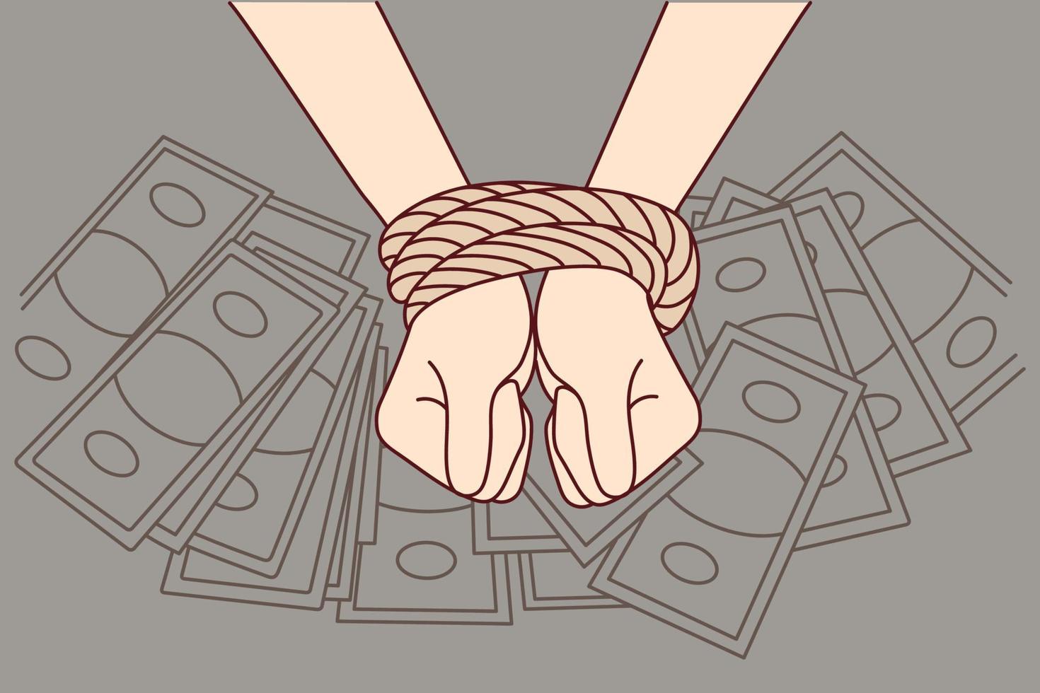 Closeup of person with tied hands on banknotes background. Businessperson arrested for money laundering or bribery. Financial crime. Vector illustration.