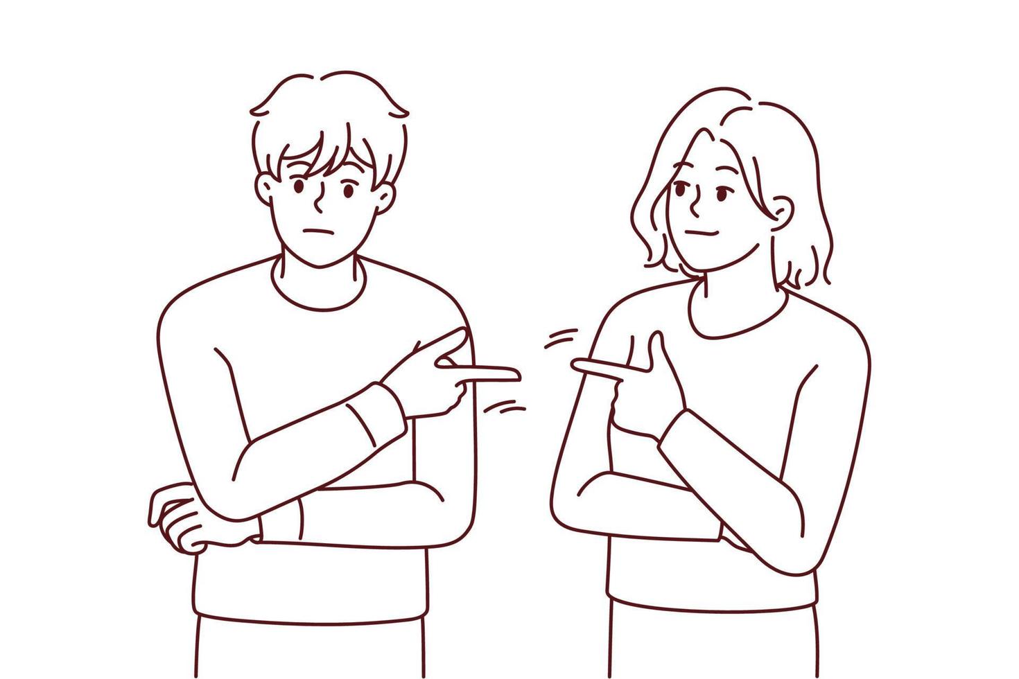 Couple point fingers at each other avoid responsibility in fight or argument. Stubborn man and woman put guilt on one another. Relationship problem. Vector illustration.