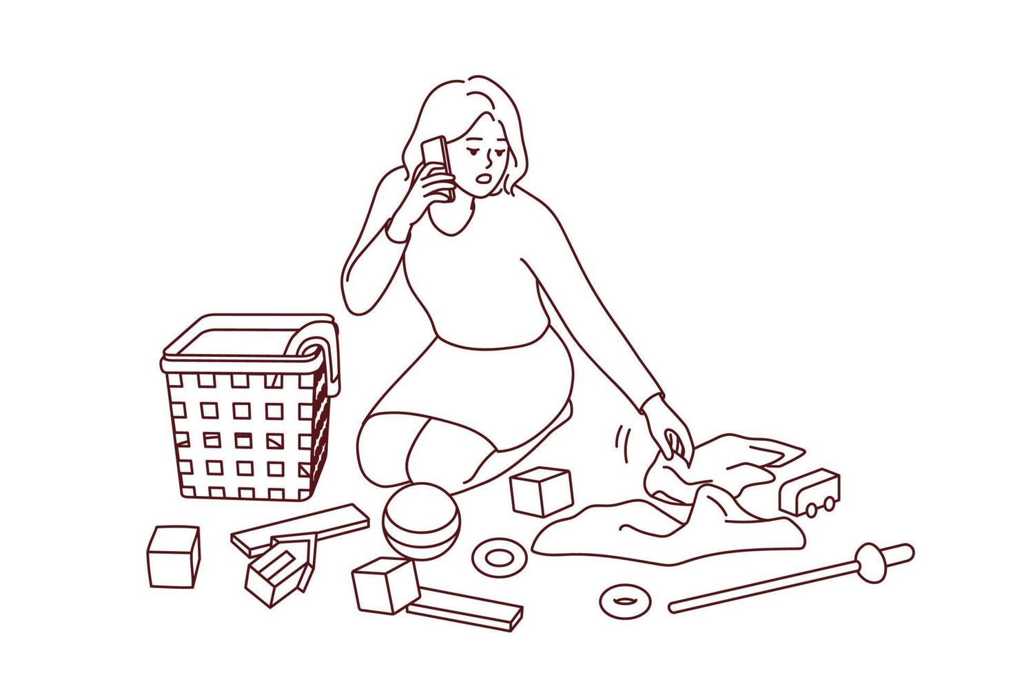 Young mother cleaning children room talking on cellphone. Mom tidy kids clothes on floor speaking on phone. Vector illustration.