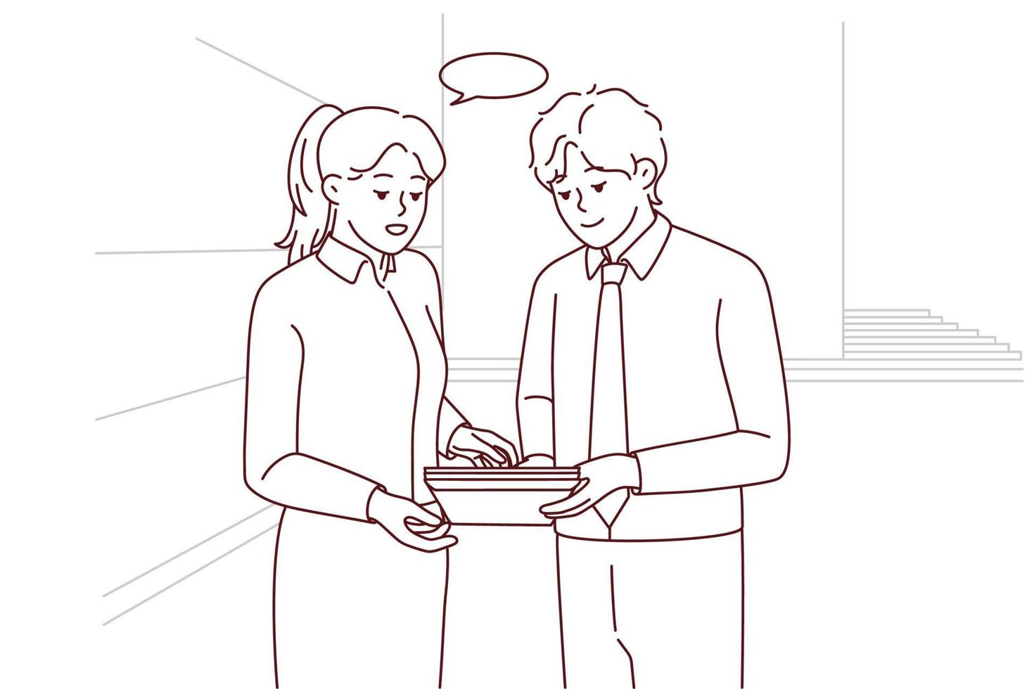 Businesspeople hold document discuss business ideas in office. Colleagues or coworkers talk brainstorm about paper work. Teamwork. Vector illustration.