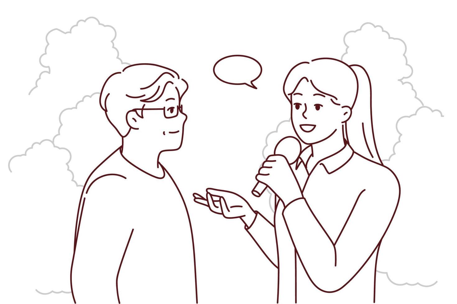 Female journalist with microphone interview elderly man in park. Woman with mic talk with old male on street. Vector illustration.