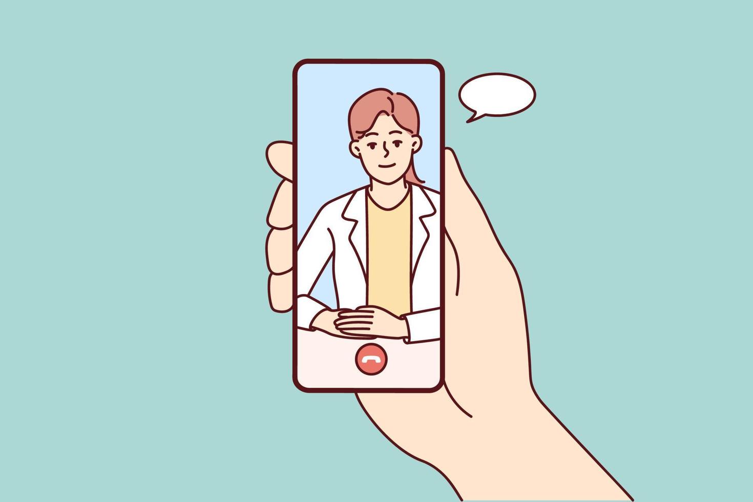 Hand holding cellphone have online consultation with doctor. Person talk on video call with GP in smartphone. Remote consulting. Vector illustration.