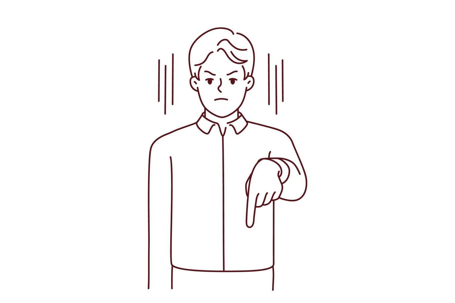 Strict businessman point with finger down. Furious decisive male employee show downward make order to employee. Vector illustration.