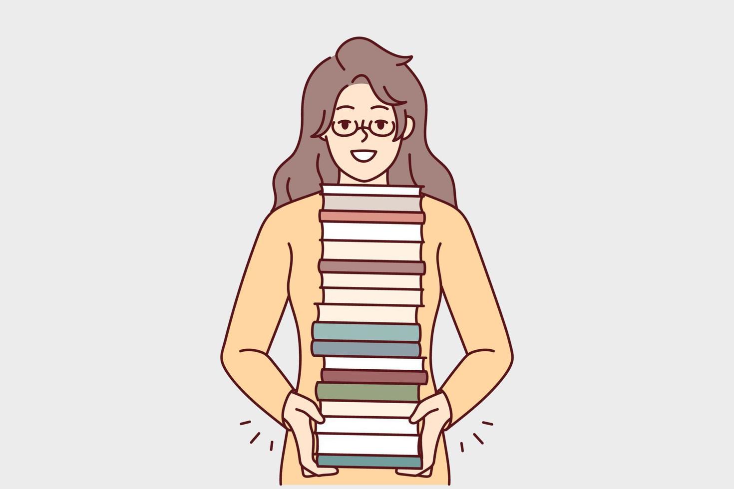 una joven sonriente con gafas y un montón de libros disfruta leyendo. niña feliz con una pila de libros de texto. literatura y aprendizaje. ilustración vectorial vector