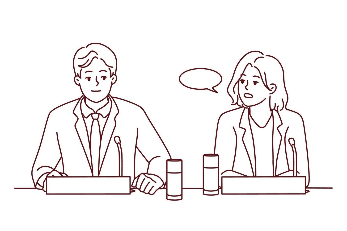 Businesspeople sit at desk at meeting speak in microphones. Employees at conference making speech. Business and briefing. Vector illustration.