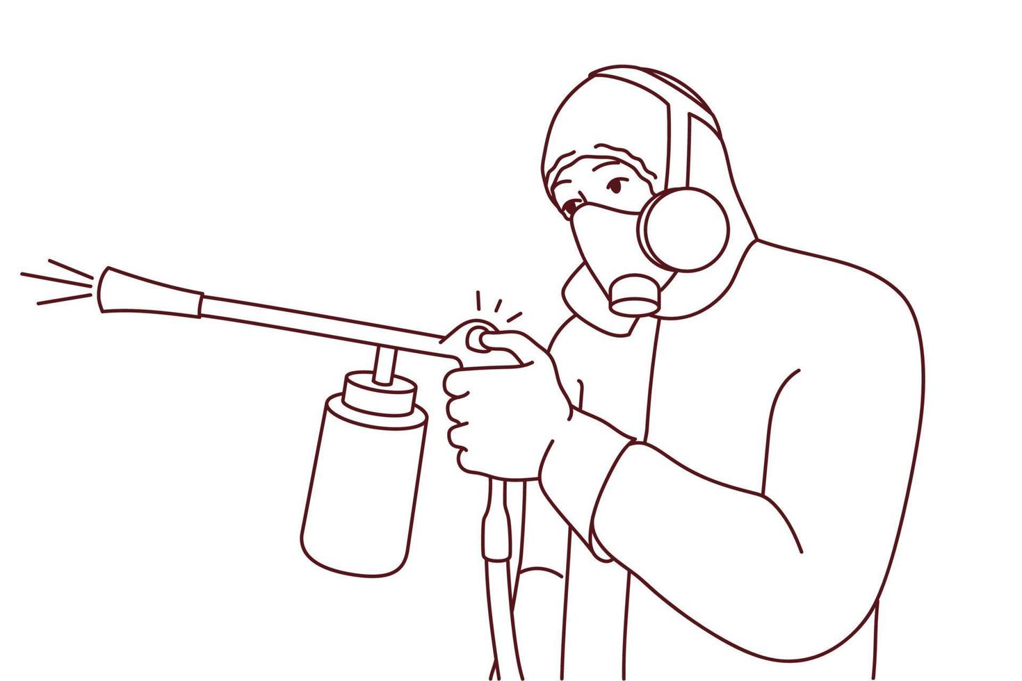 Man in protective uniform spraying pesticide to kill insects and rodents. Male exterminator or pest control worker in suit doing disinfection. Vector illustration.
