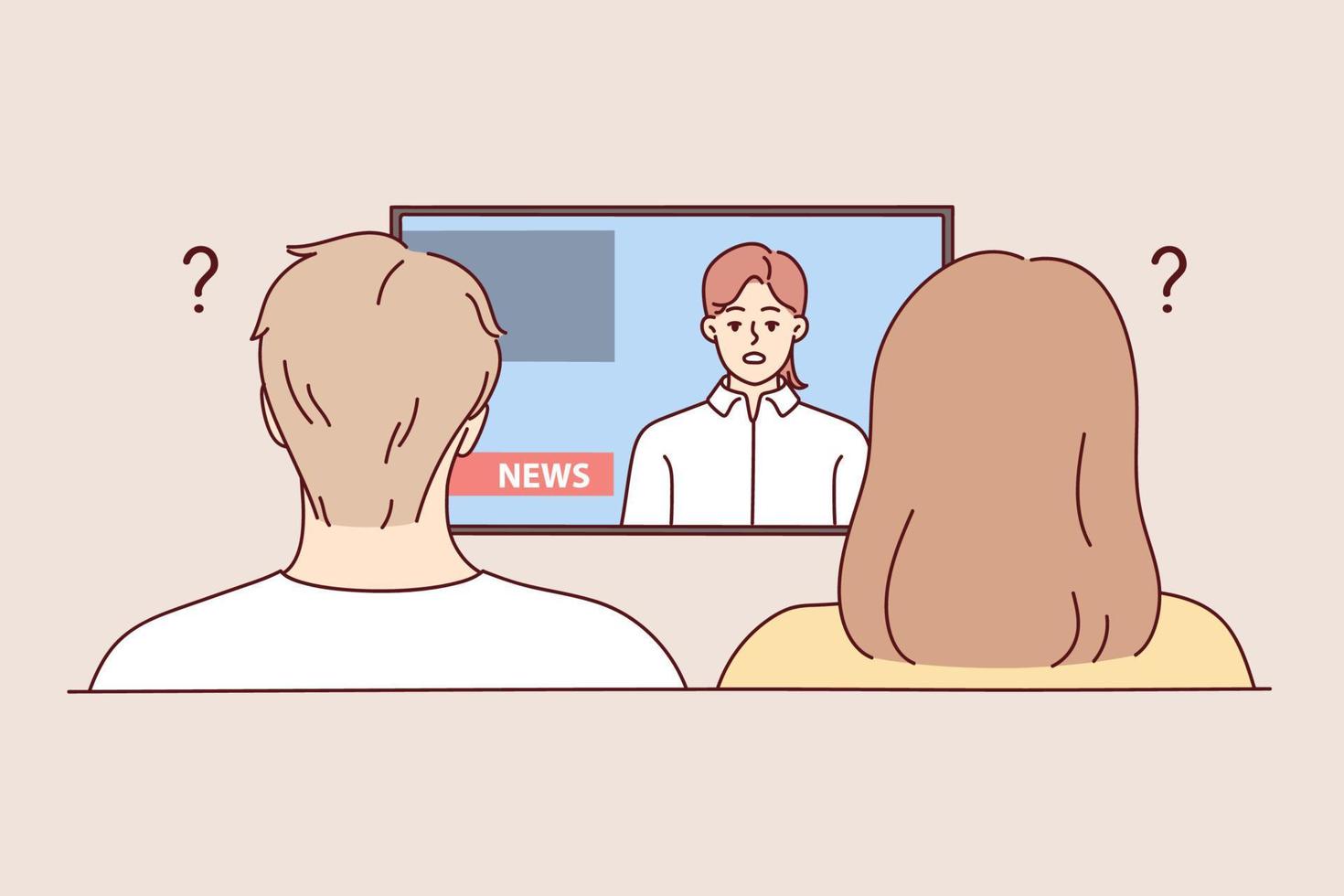 Confused couple sit on sofa frustrated with news on TV. Distressed man and woman shocked with reportage on television. Media propaganda. Vector illustration.