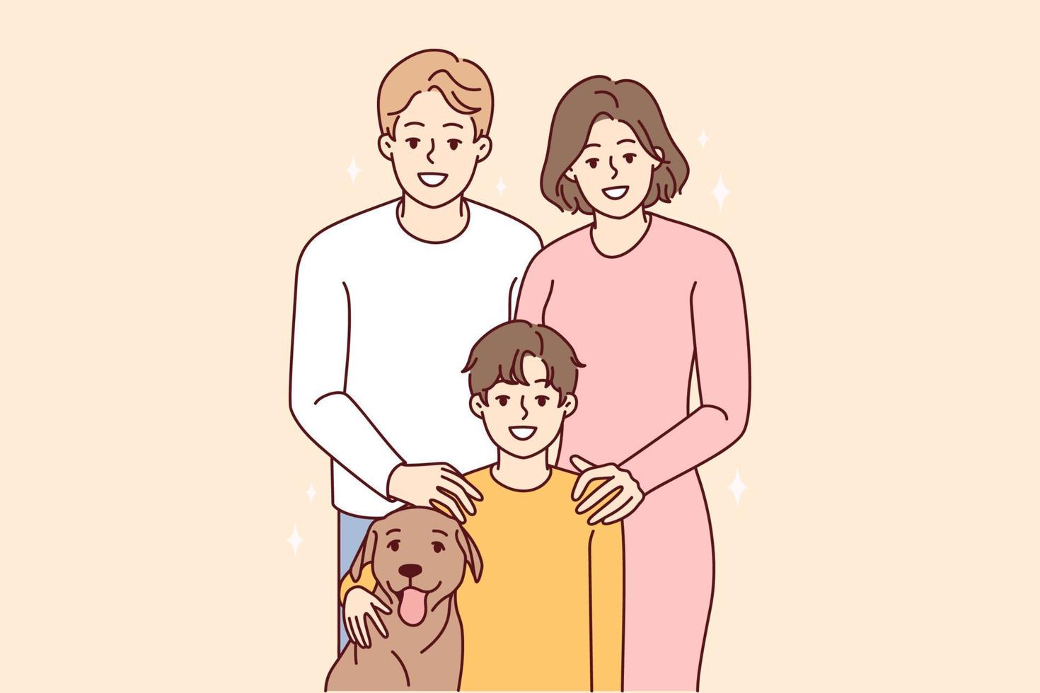 Portrait of young family with child and dog. Smiling parents with kid and pet posing together. Vector illustration.