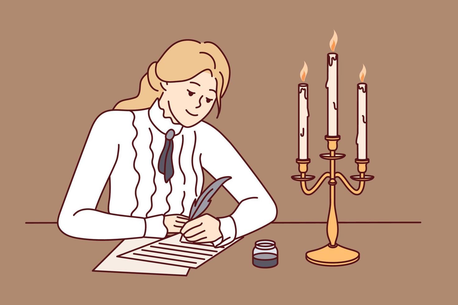 Young woman in retro clothes sit at desk write with feather and candles burning. Happy lady handwrite on paper during old times. Vintage style. Vector illustration.