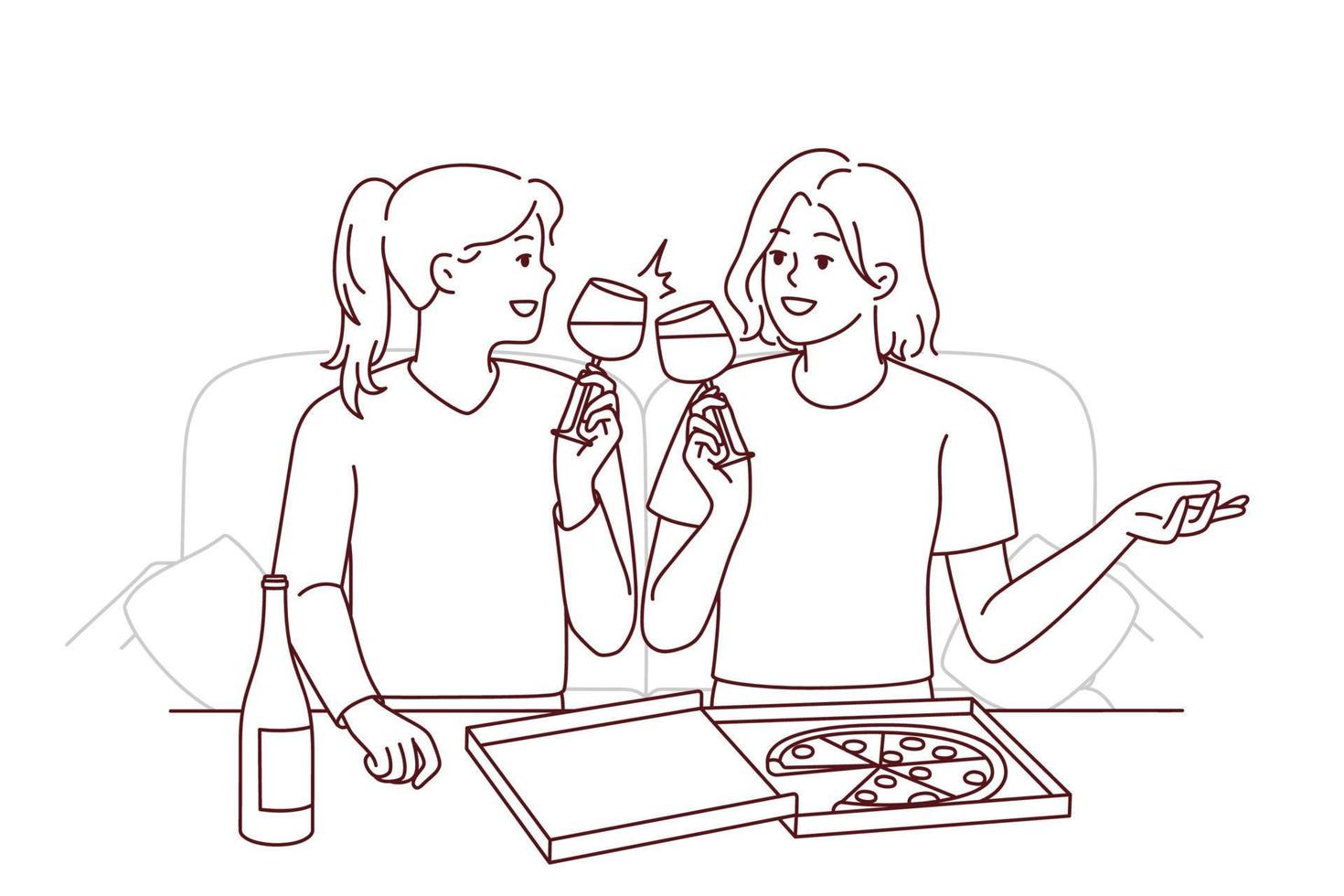 Happy young women sitting on couch at home eating pizza drinking wine. Smiling girls have fun enjoying food and leisure weekend together. Vector illustration.