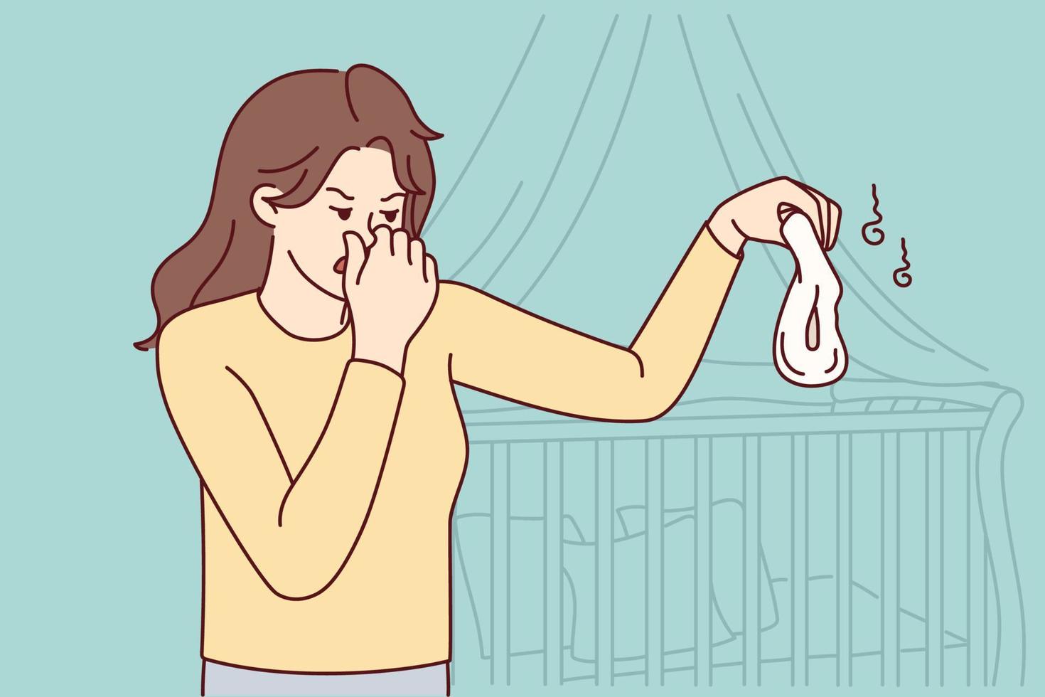 Unhappy young mother close nose feeling disgust holding stinky baby diaper. Distressed mom disgusted with smelly child diaper. Vector illustration.