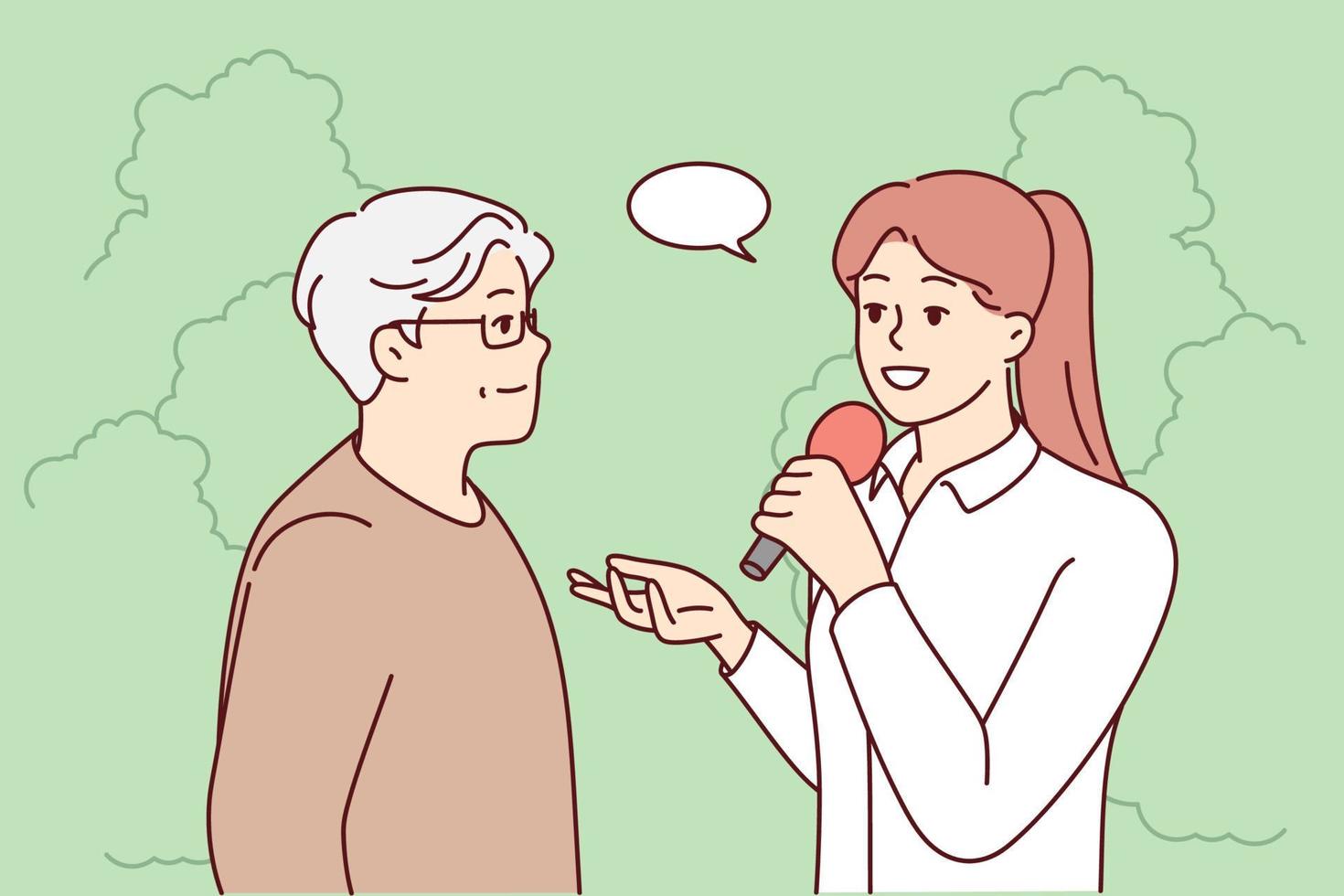 Female journalist with microphone interview elderly man in park. Woman with mic talk with old male on street. Vector illustration.