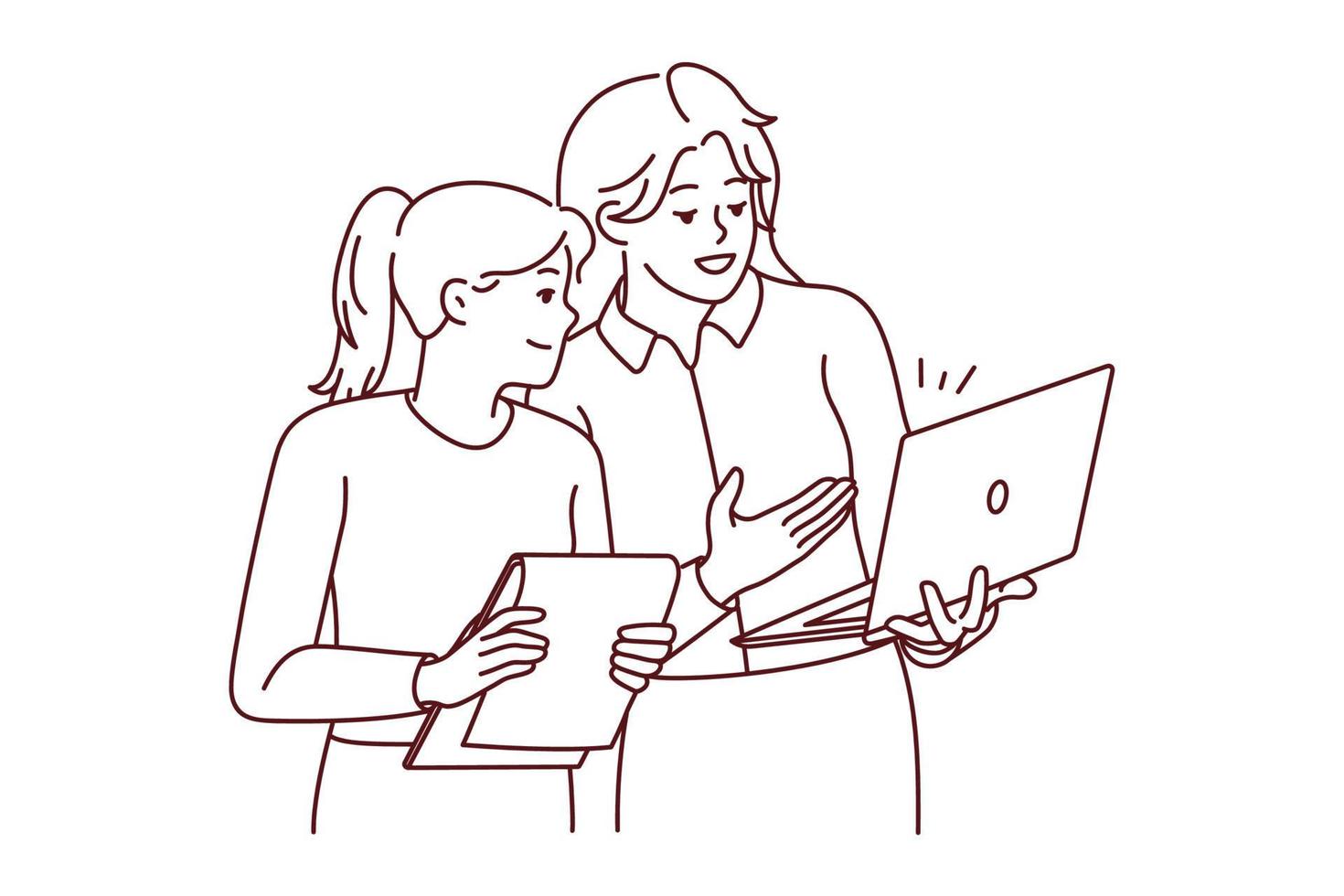 mujeres empresarias haciendo una lluvia de ideas usando una computadora portátil juntas. las empleadas colaboran discutiendo ideas de negocios en la computadora. ilustración vectorial vector