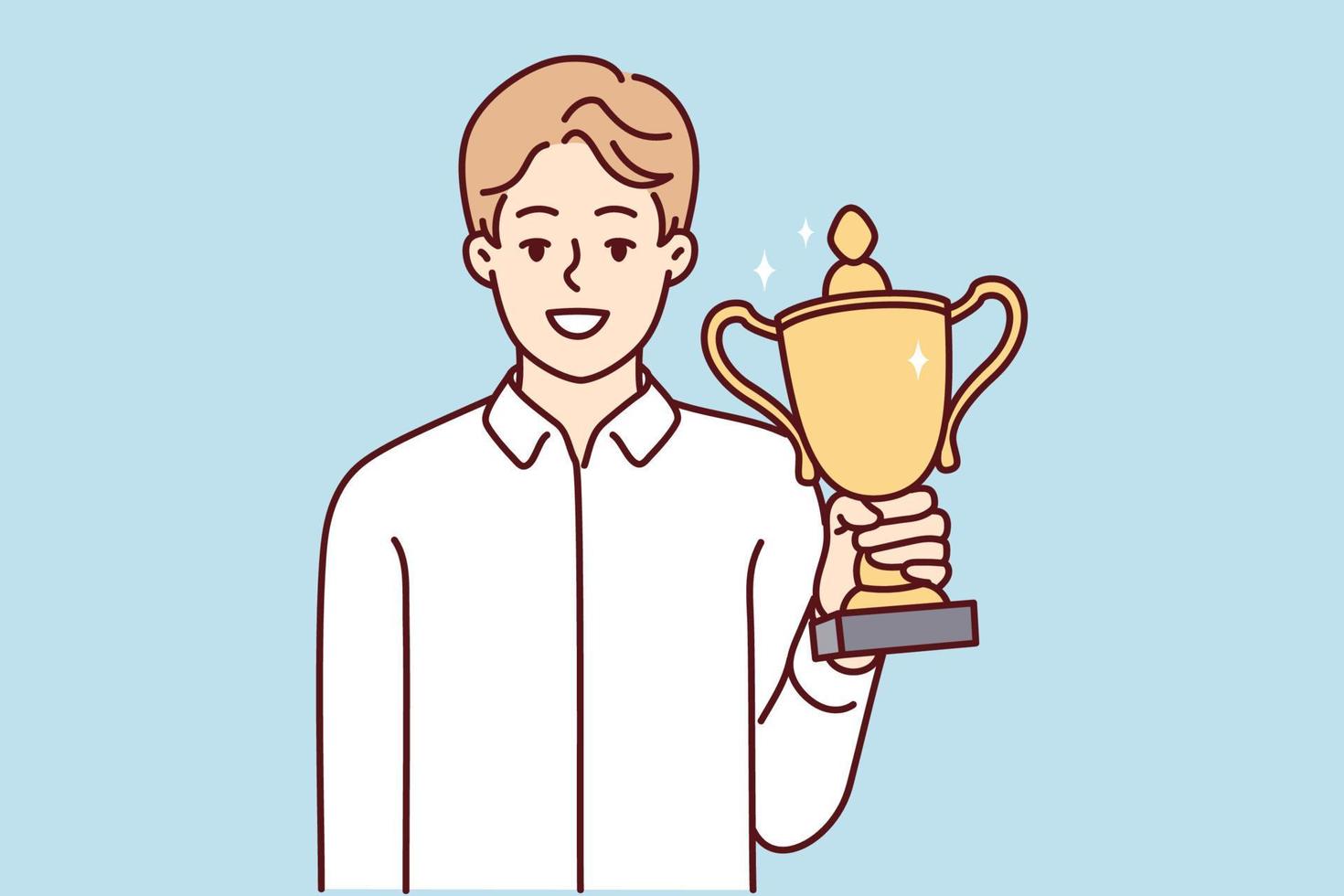 Smiling businessman holding gold trophy in hands celebrate win or victory. Happy man with golden prize win competition. Success and accomplishment. Vector illustration.