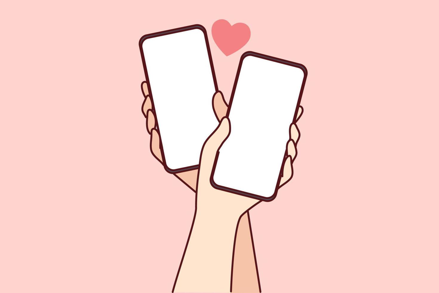 Close-up of couple hands holding cellphones with mockup screens texting online on gadgets. Man and woman with smartphones and internet communication. Vector illustration.