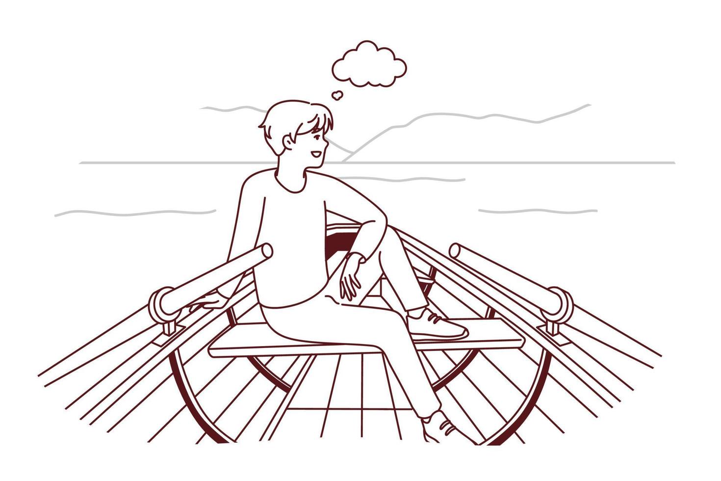 Happy man sit in boat in nature landscape thinking and imagining. Smiling guy relax in ship sailing in river dreaming and visualizing. Vector illustration.