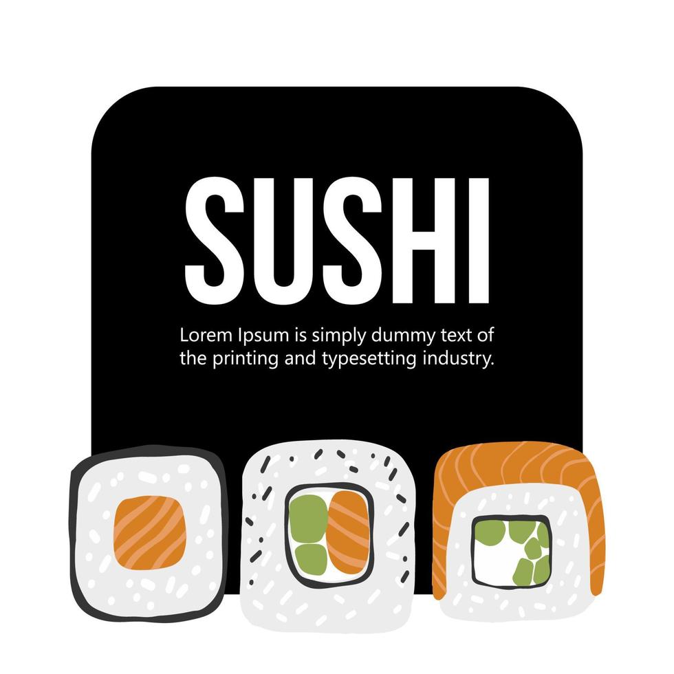 plantilla de diseño con ilustración de conjunto de sushi sobre fondo de marco negro vector