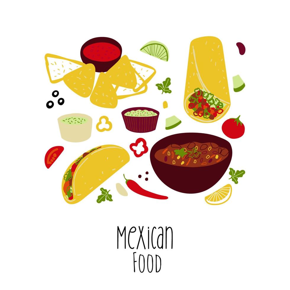 ilustración de comida mexicana tacos, burrito, chili con carne, nachos, guacamole aislado en fondo blanco vector