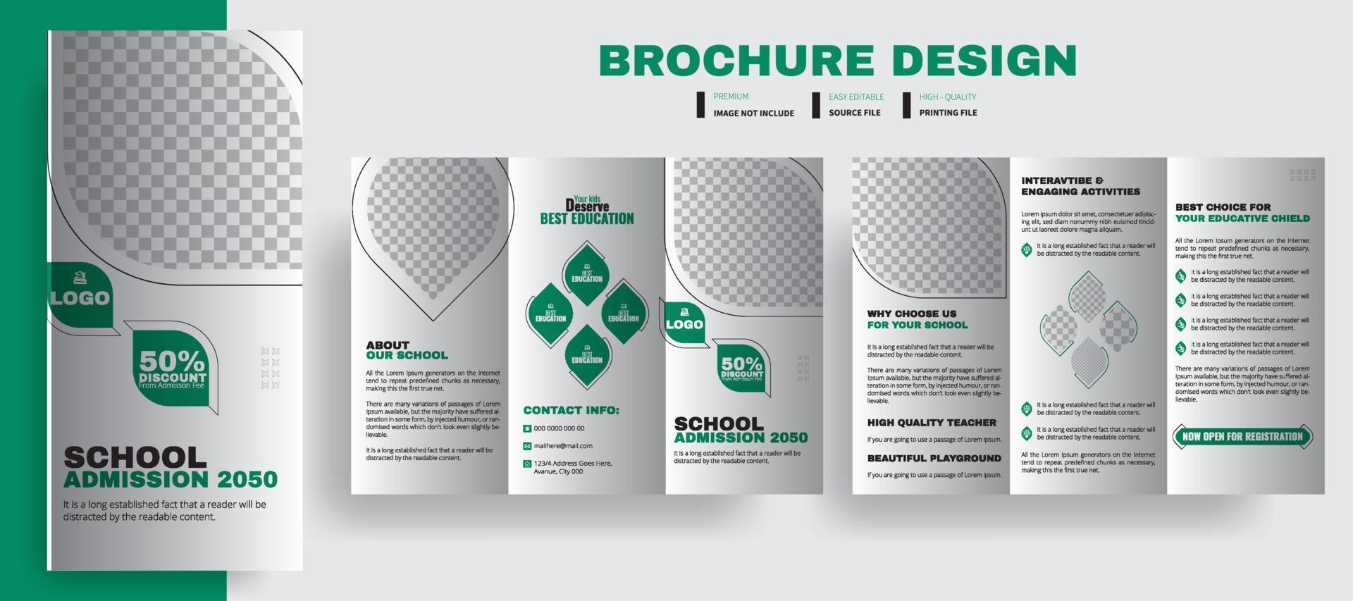 School Admission 2050 Tri-fold Brochure Template, Kids back to school education admission trifold brochure template, kids academy brochure template, abstract shapes for learning, teaching purpose. vector
