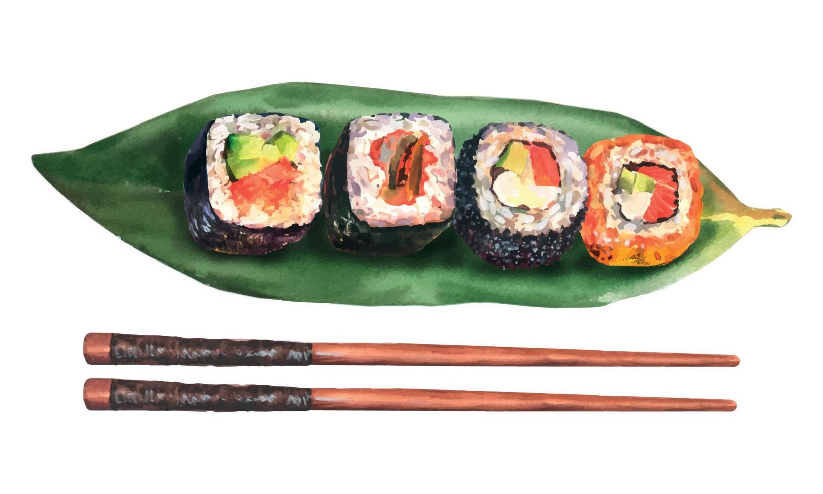 ilustración acuarela de un conjunto de rollos de sushi en una hoja de algas y palillos. se puede utilizar para el diseño de menús, banners, diseño de sitios web de cafeterías o restaurantes vector