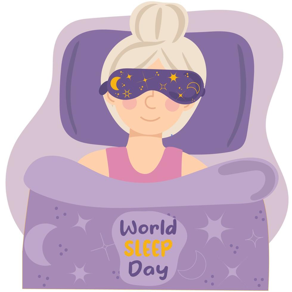 día mundial del sueño. ilustración vectorial dibujada a mano mujer dormida con máscara para dormir en los ojos. vector