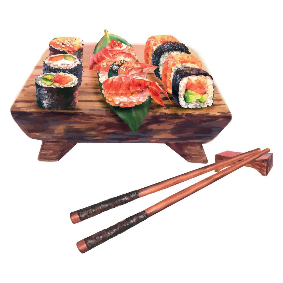 Hand drawn watercolor sushi set on wooden board with chopsticks, isolated on white background. Food design. vector