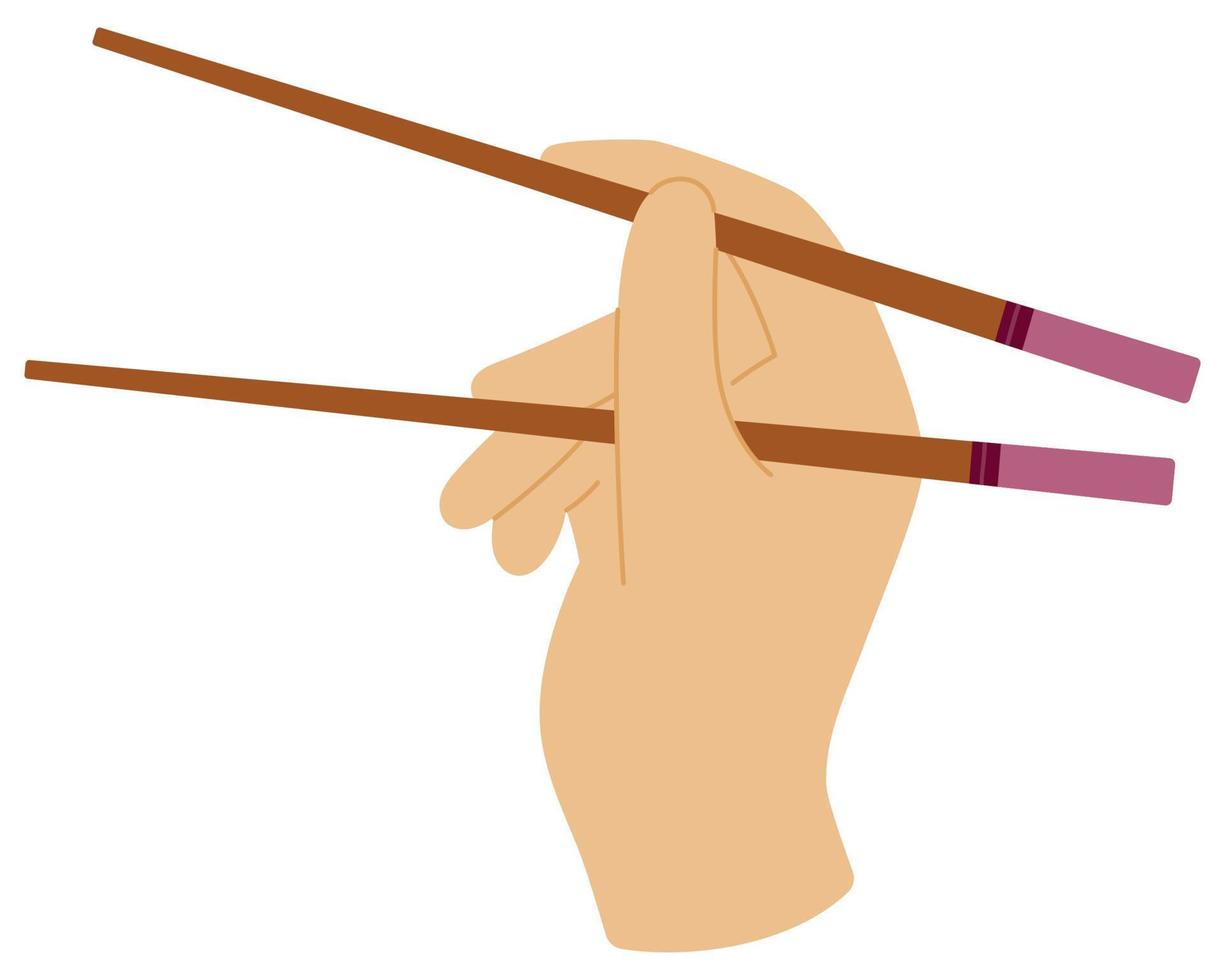 Cartoon right hand of person using bamboo chopsticks on white background vector