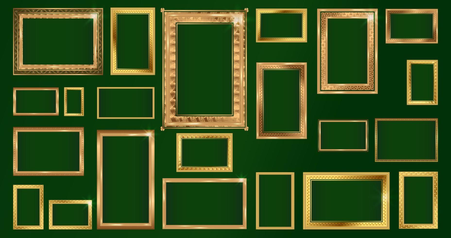 Empty painting or picture frame with golden engraved and carved Thai wooden borders. Set of decorative retro ornamental detailed picture frames. Old classic vector baroque golden frames collection.