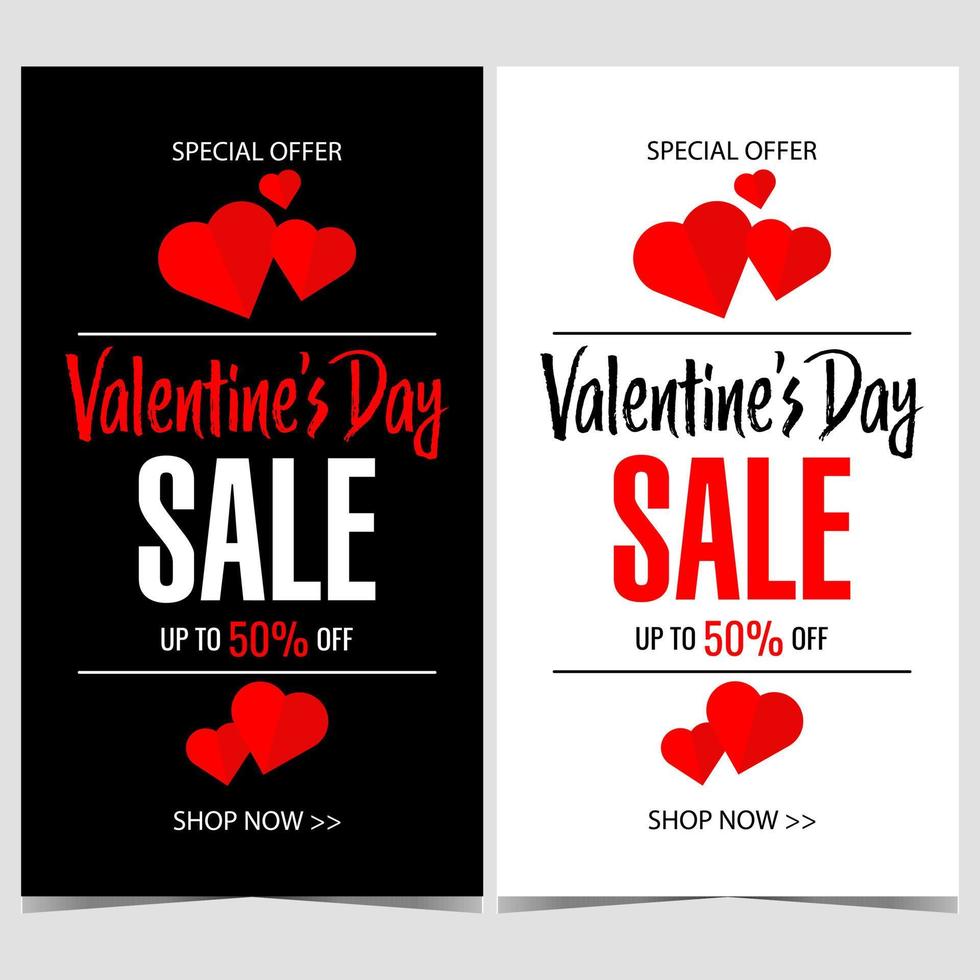 Valentine's Day sale promotion banner or poster with red hearts on white or black background. Vector illustration for special offer and discount advertisement for romantic Feast of Saint Valentine.