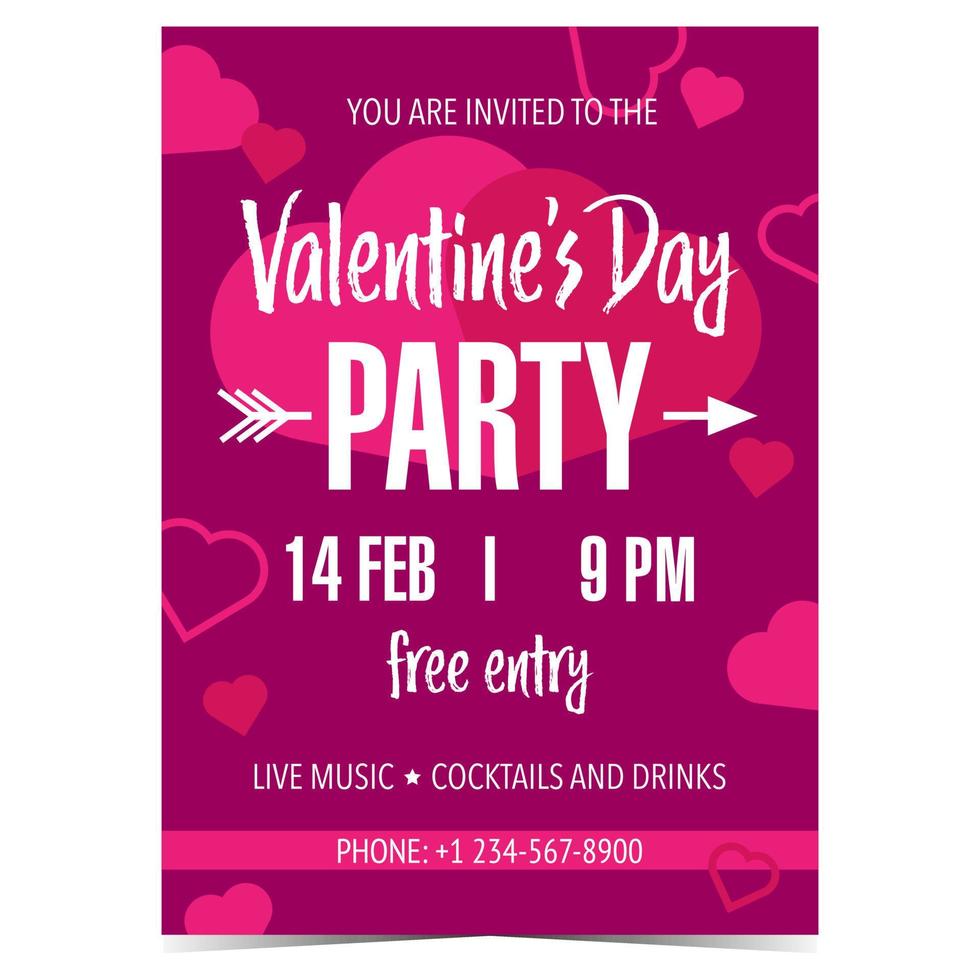 Invitation for Valentine's Day party on February 14. Vector illustration for romantic party, surprise evening, love night celebration during the Feast of Saint Valentine. Ready to print.