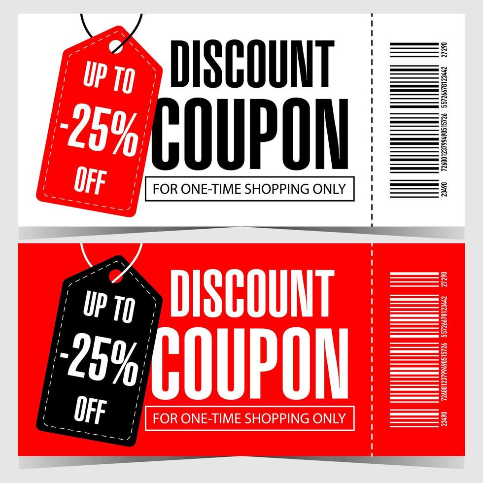 Discount coupon with tag or label indicating the percent of the price discount. Vector illustration in flat style in white, red and black colours for sale promotion and shopping season.